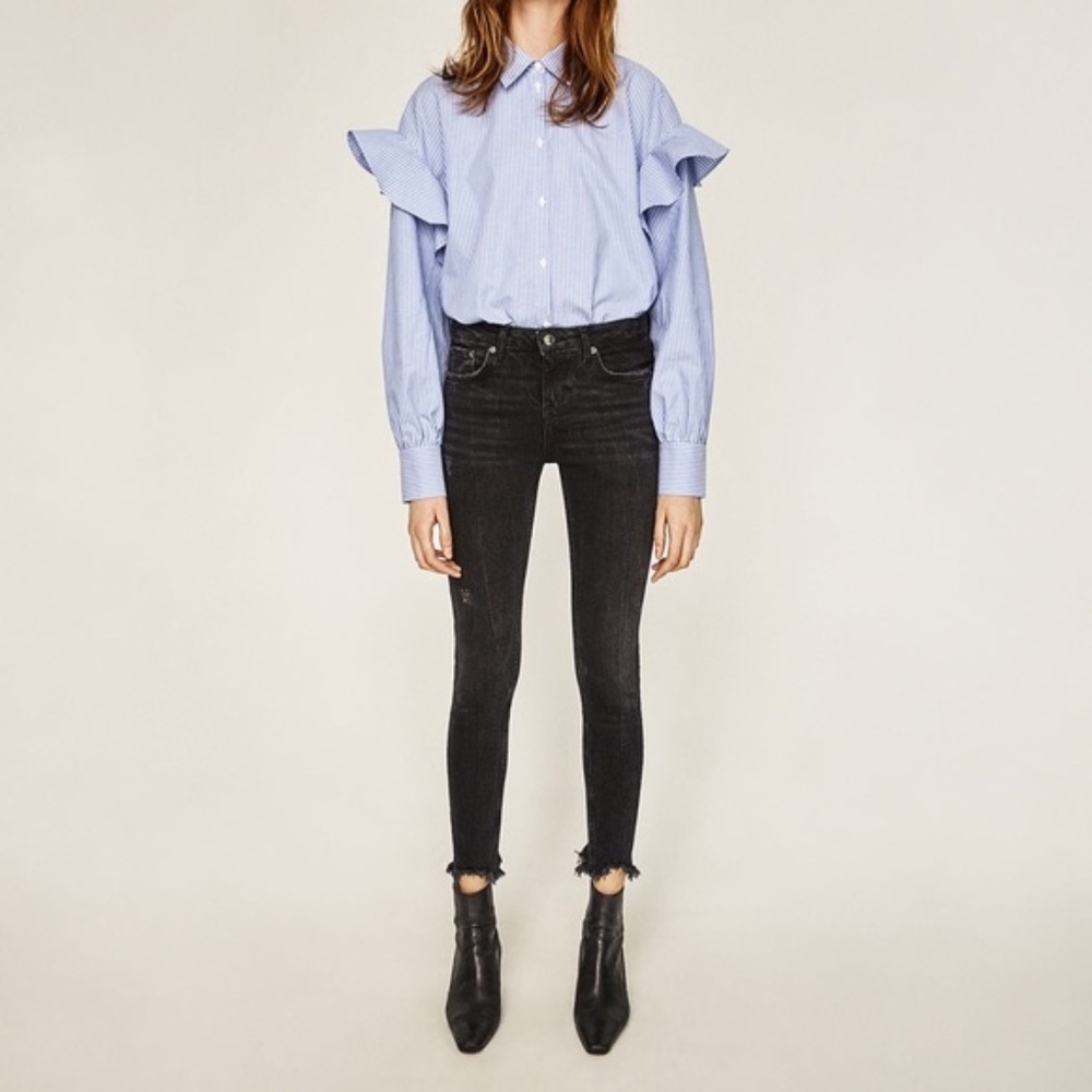 Zara Black Raw Hem Distressed Skinny Jeans